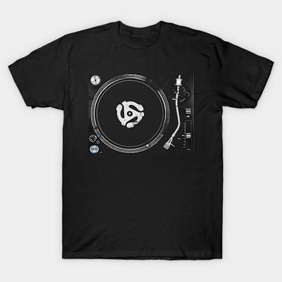 Asian Size Men Black Print T-shirt Turntable Rpm Adapter No-Cut Heat Transfer Print Cotton Tshirt