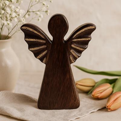 Figura de Ángel de Madera de Mango Tallada a Mano, Alas Doradas 19cm