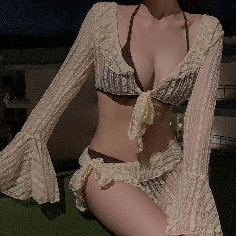 Women's 2025 Four-Piece Lace Long Sleeve Bikini Set for Beach & Hot Springs