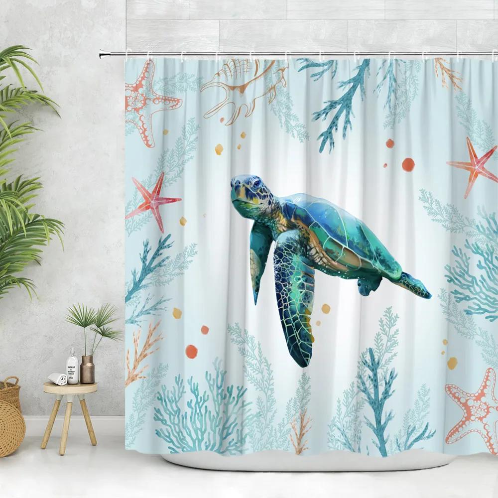 

Ocean Animal Shower Curtain, Underwater Turtle Seahorse Octopus Coral Love Fish Blue Kids Modern Bathroom Decorative Curtain Set W60H190(CM)-1 Pcs