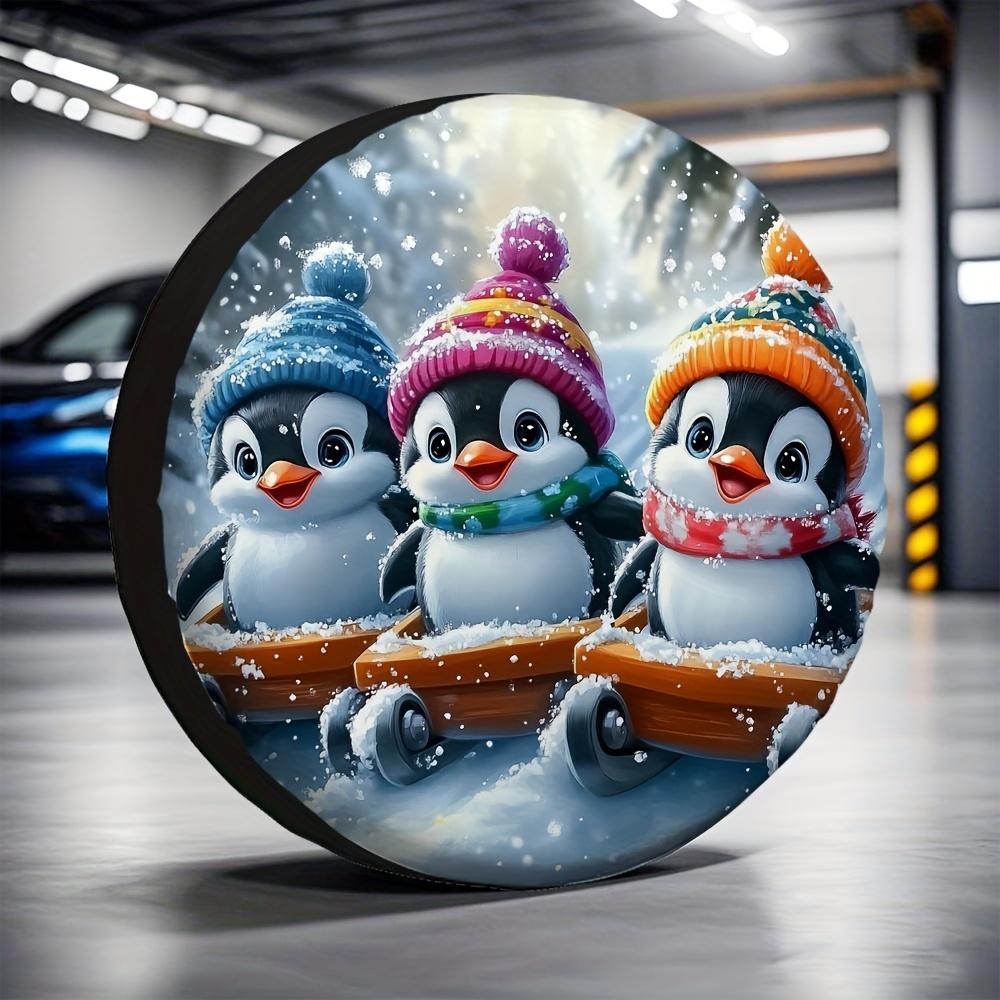 1pc Penguin Tire Cover - Durable 100% Polyester Fabric, Cute Penguin Design With Colorful Winter Hats, Car Decor For Mining Site