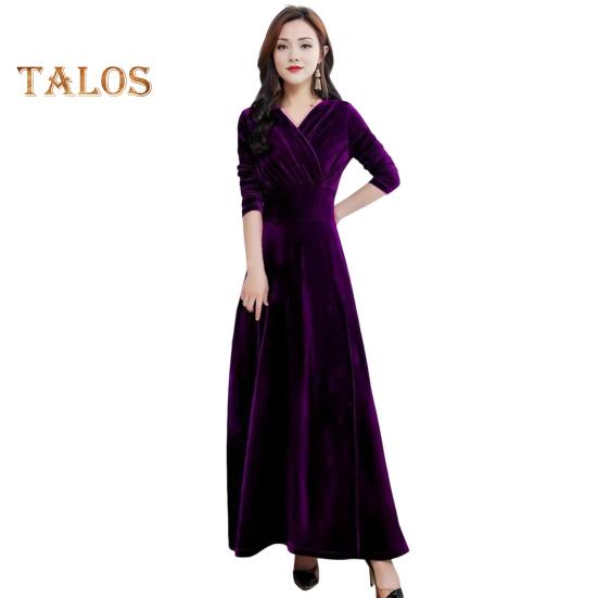 

Бархатное макси-платье для женщин с V-образным вырезом, длинное платье до щиколотки, однотонное вечернее платье А-силуэта для свадебной коктейльной вечеринки XL фиолетовый