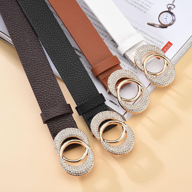 Diamond Double Round Buckle Ladies Belt Dress Vintage Decorative Fine Belt Women