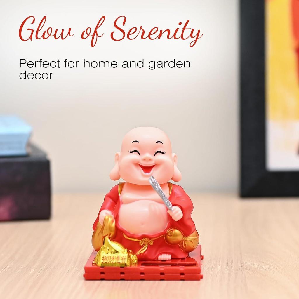 Solarbetriebene Buddha-Mönchsfigur - Feng Shui-Dekor für Reichtum, Wohlstand und Glück mit beweglichem Kopf und Hand (rot)