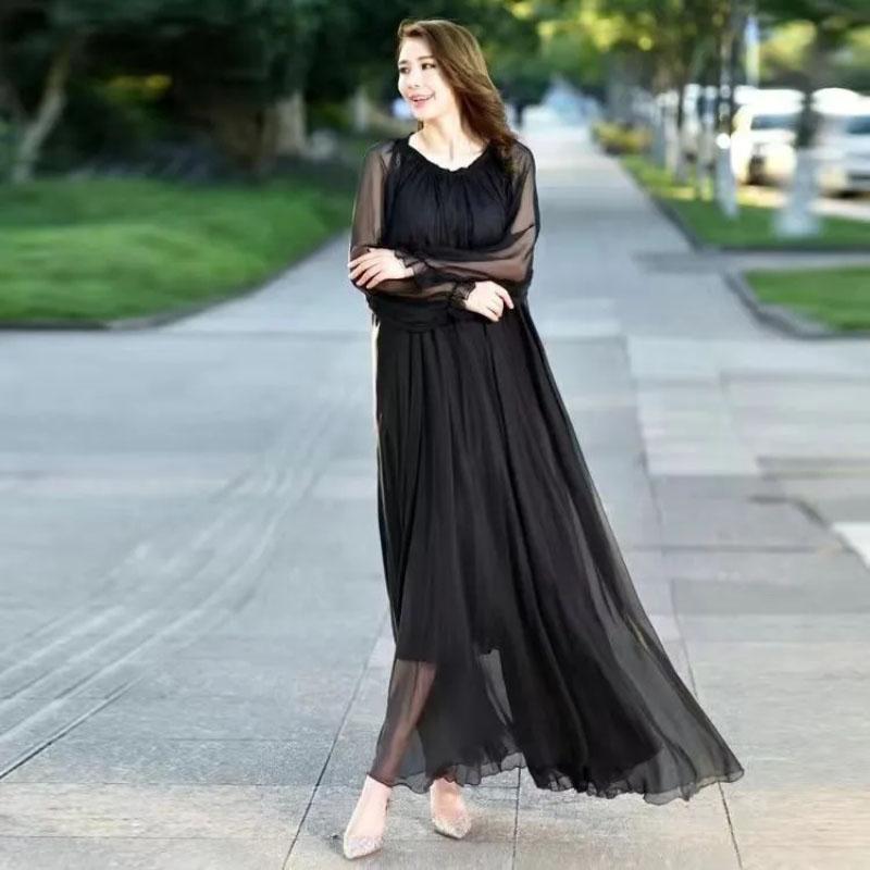 Plážové šifonové super dlouhé šaty Dámské jarní letní šaty Elegantní dlouhý rukáv volné šněrovací úzké šaty