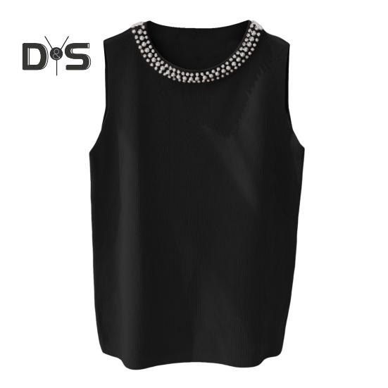 Damska kamizelka dziewiarska z okrągłym dekoltem, bez rękawów, sztuczne perły, ozdobne topy, dopasowany krój, jednolity kolor, rozciągliwe topy