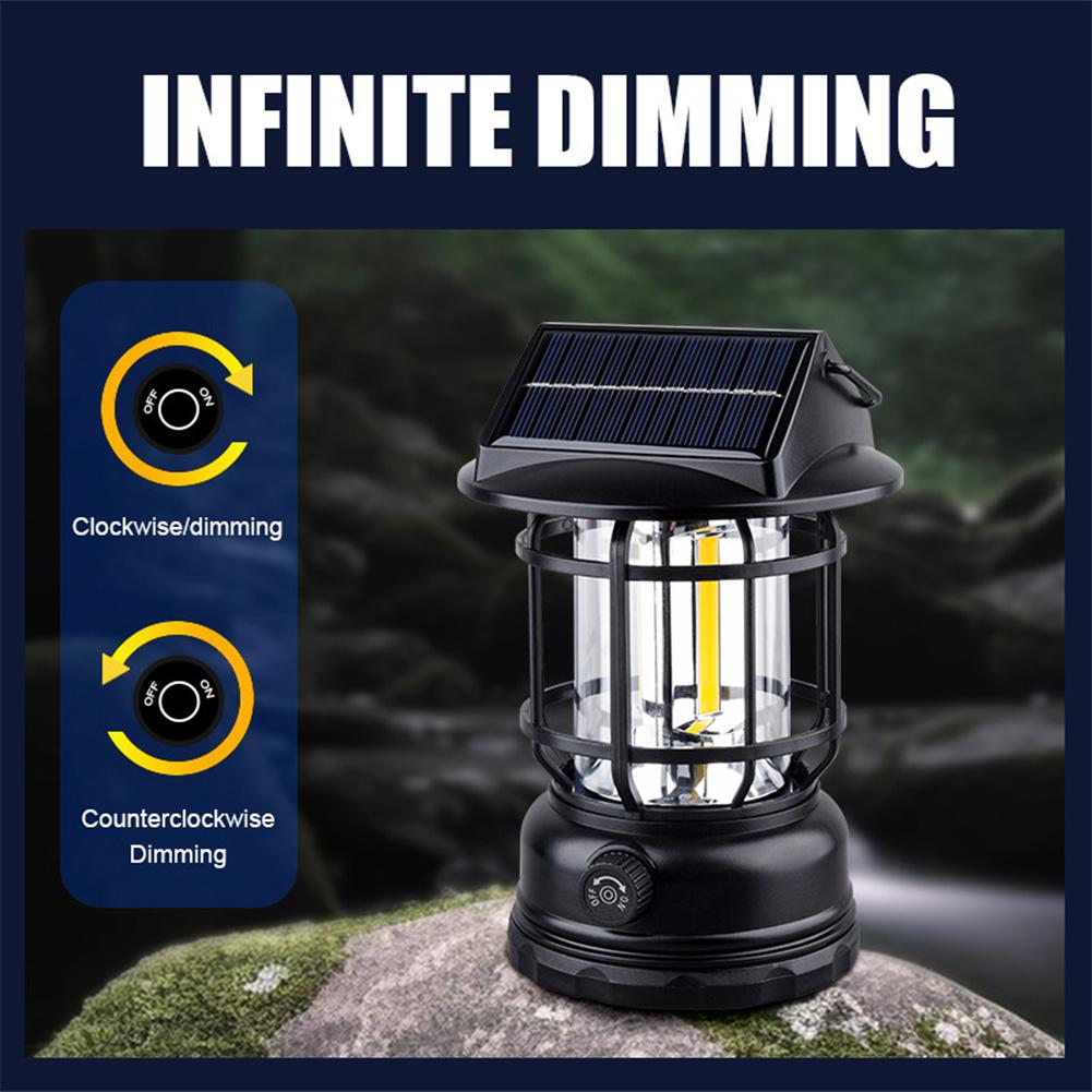 Solar Powered Outdoor Camping Lantern with Knob Portable Tent Light Dimmable Hanging Retro Lantern for Hiking Emergency