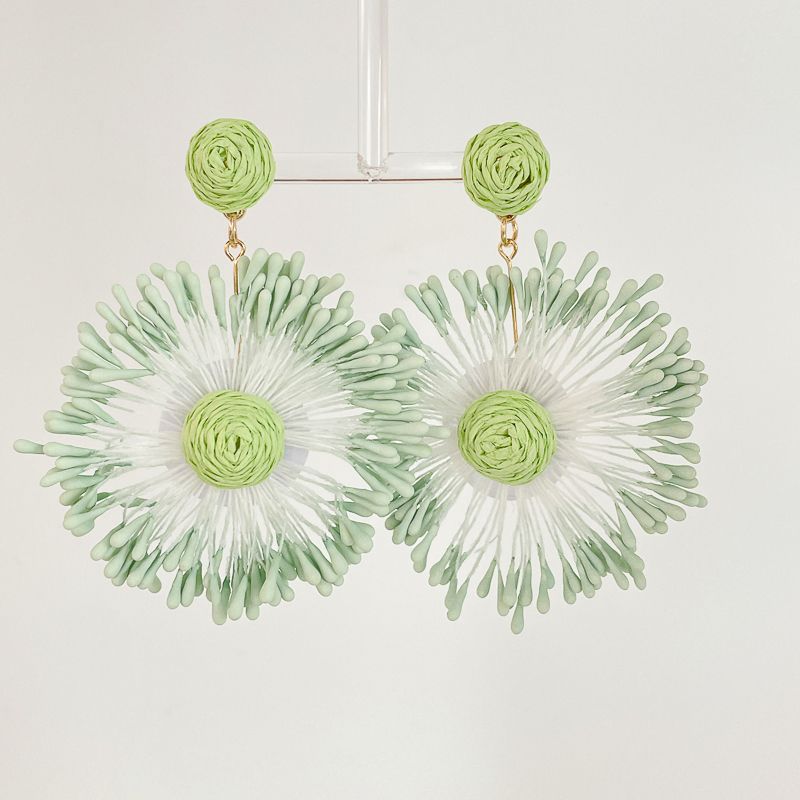 

Mint Summer! Hand-Woven Flower Earrings Holiday Style Green SUNFLOWER Ear Studs Ear Clip Atmosphere Earrings Mint Green Flower Earrings/S925 Silver Pins