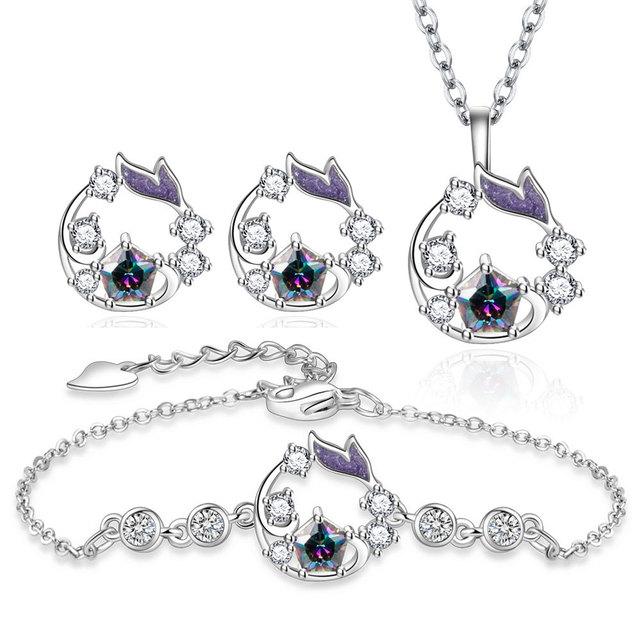 

ANENJERY Колір Циркон Намисто Кит Сережки Браслет Набір прикрас для жінок Романтичний кулон Ключиця Ланцюжок Ювелірні вироби для вечірки Resizable срібний