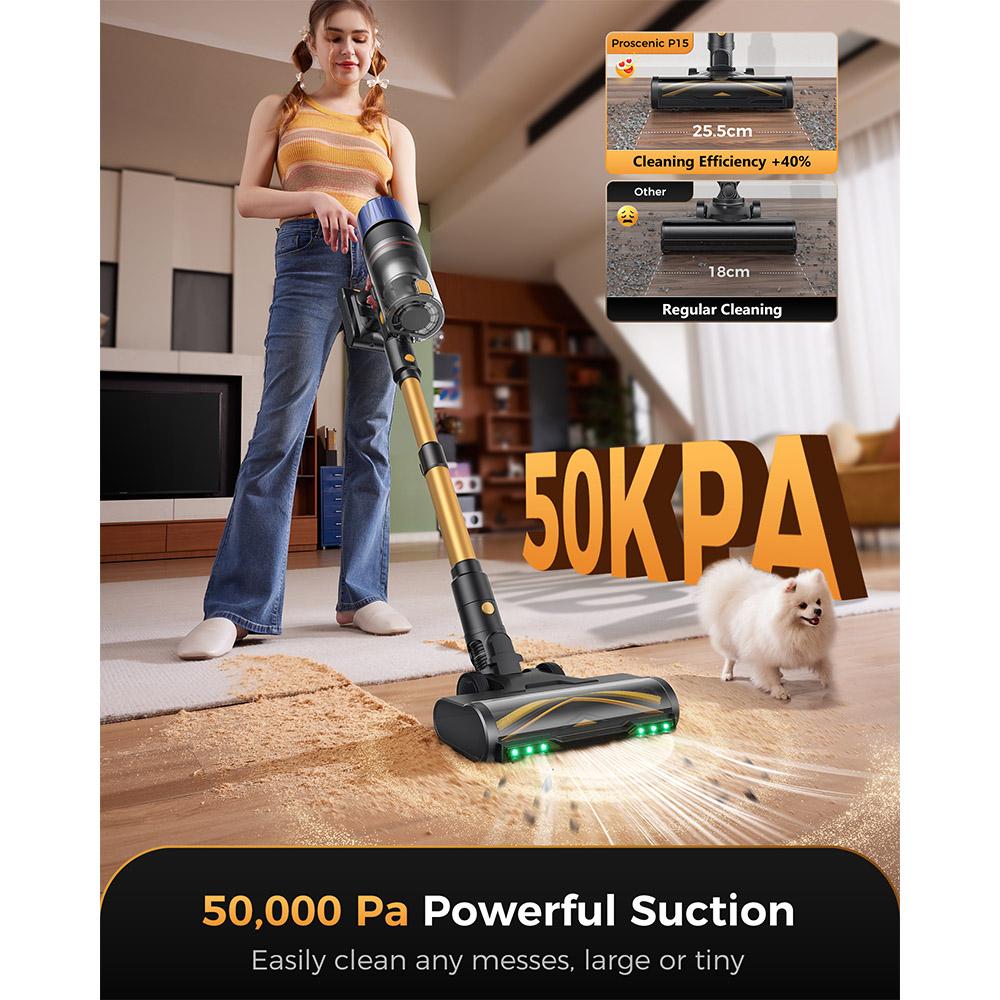 Proscenic P15 Akumulátorový tyčový vysavač, 50 kPa 580 W Výkonné sání, 70 minut provozu, Kartáč proti zamotávání, Zelené světlo, 6vrstvý filtr