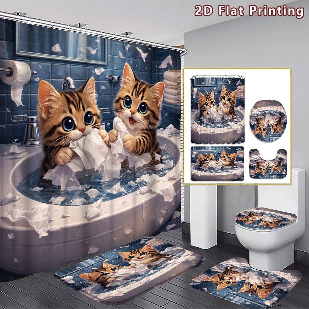 4Pcs Adorable Kittens Shower Curtain Set with Non-Slip Bath Mat, Toilet Lid Cover, Contour Rug & 12 Hooks, Bathroom Decor
