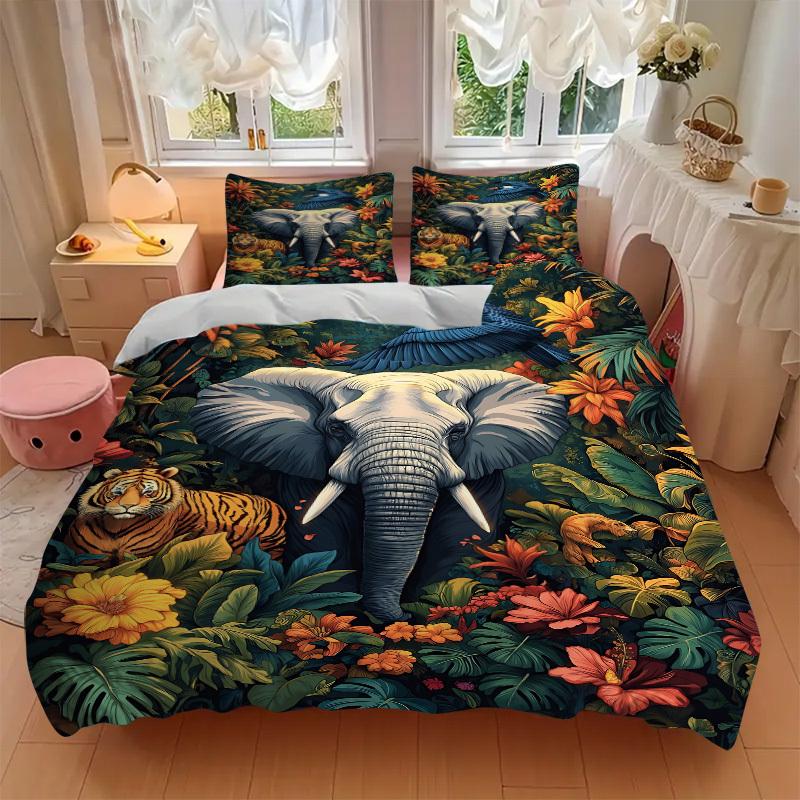 3-teiliges Dschungel-Safari-Print-Bettwäscheset, 1 Bettbezug + 2 Kissenbezüge (Kein Einsatz), Hochauflösender Druck, Zuhause & Wohnheim yy251123032