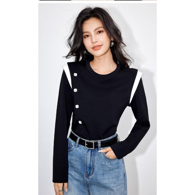 Autumn French Style Design Right Shoulder Round Neck Color Matching New Style Loose and Slimming Top for Age Reduction