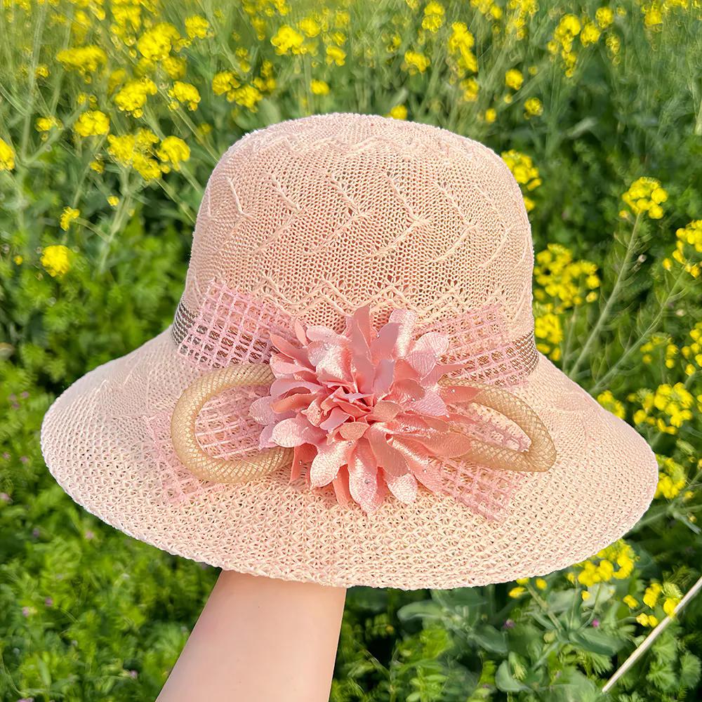 WTEMPO Bow Flower Solid Color Spring Summer Foldable Sunscreen Hats Wide Brim Travel Beach Breathable Sun Hats
