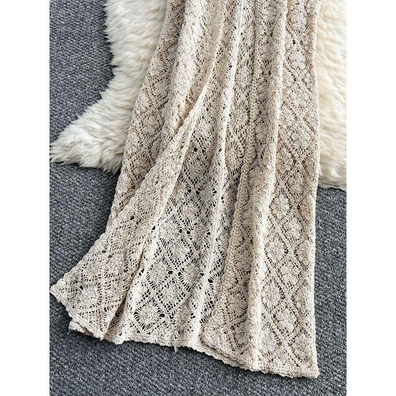 French Style Hollow-out Crochet Knit Vest Dress Women Seaside Holiday Style Cover Up Stacked Sleeveless Split Long Skirt