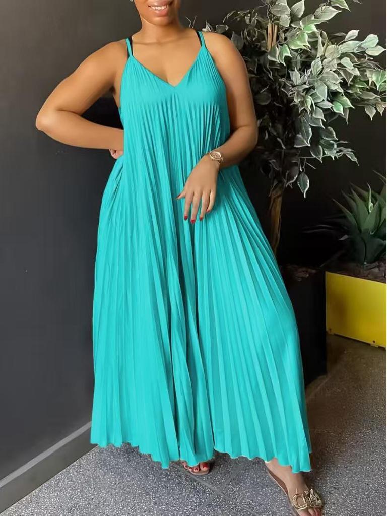 Plus Size Spaghetti Strap Pleated V-Neck Summer Dress with Flowing Hem