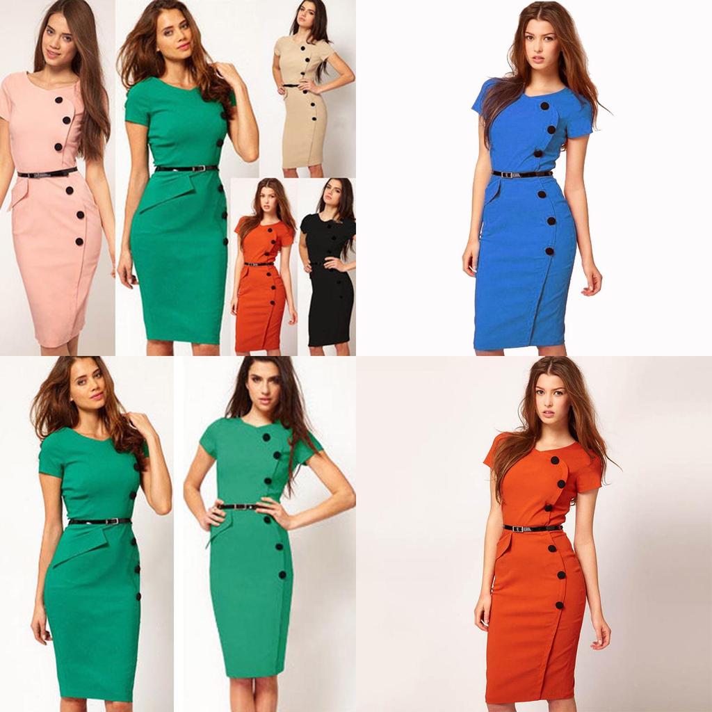 Stylish Women Fashion Short Sleeve Button Pencil Dress For Office And Party Occasions