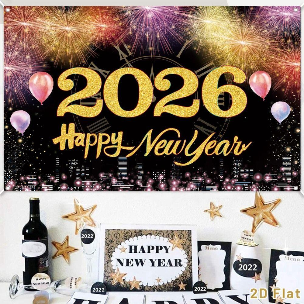 Shiny 2026 New Year Backdrop Banner Black Gold Celebration Banner  Outdoor Party
