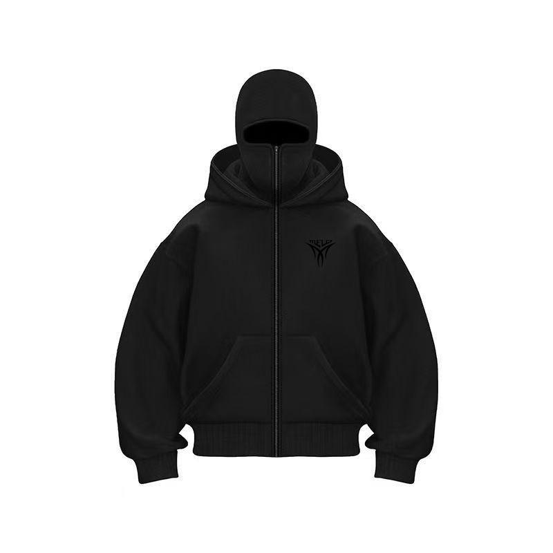 Podzimní a zimní evropský a americký styl volná trendy mikina s kapucí se zipem a dvojitou kapucí s černým štítkem