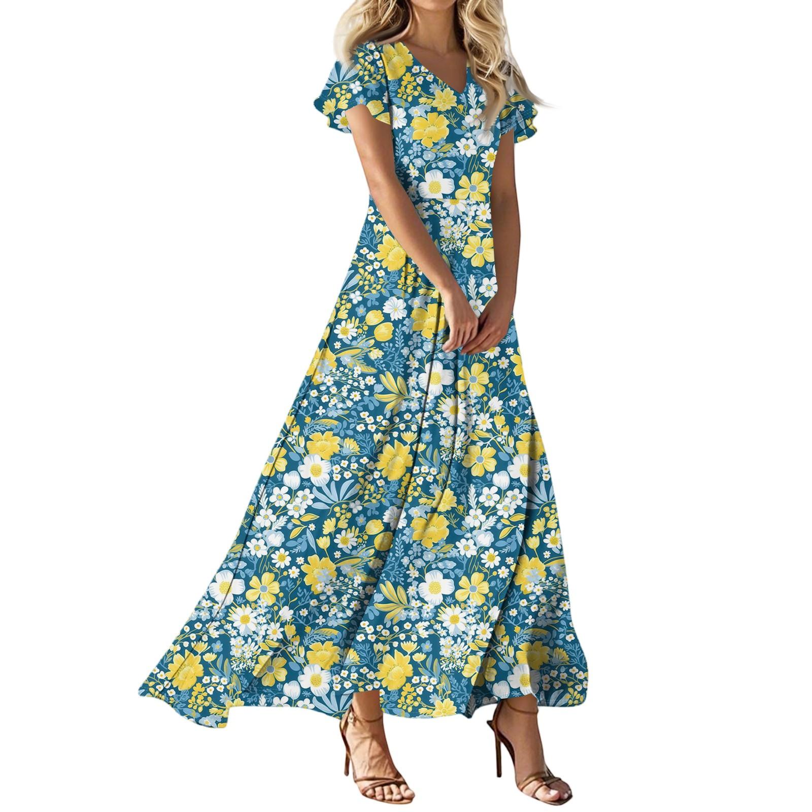 

Женское платье макси в стиле бохо, женское летнее платье с коротким рукавом, весеннее повседневное платье А-силуэта с V-образным вырезом, летний пляжный сарафан для отдыха XXL