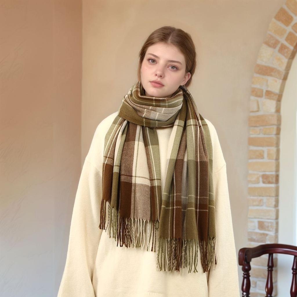 Fashion Vintage Plaid Stripe Scarf Winter Warm Imitation Cashmere Women Long Soft Thickened Female Scarves Tassel Shawl Wraps