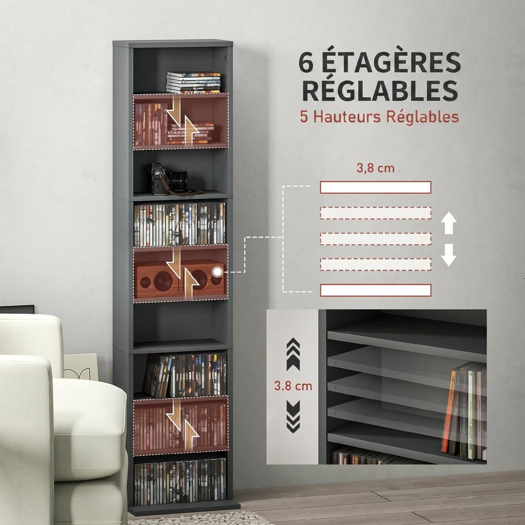 CD/DVD Storage Unit, 9 Compartments, 6 Adjustable Shelves, 260 CDs/120 DVDs, 33 x 24 x 140 cm, Grey
