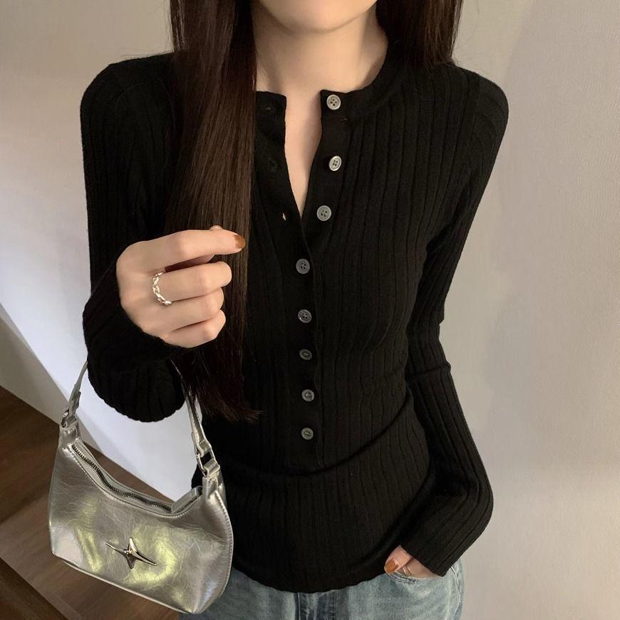 Women's Slim Fit Long Sleeve Knit Top with Half-Open Collar - 2025 Autumn/Winter Trend