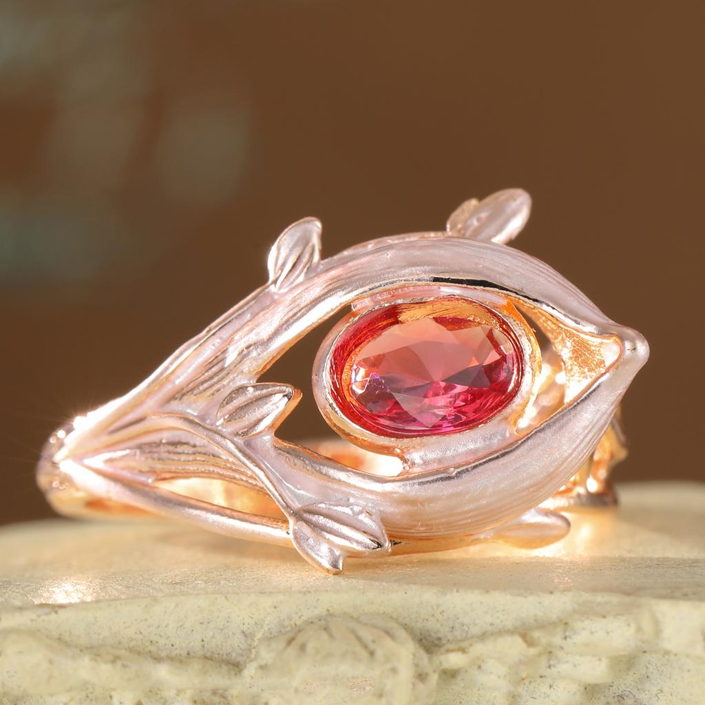 Elegant flower bud-shaped artificial gemstone ring made of copper, a ladies' jewelry ring suitable for parties and dates.