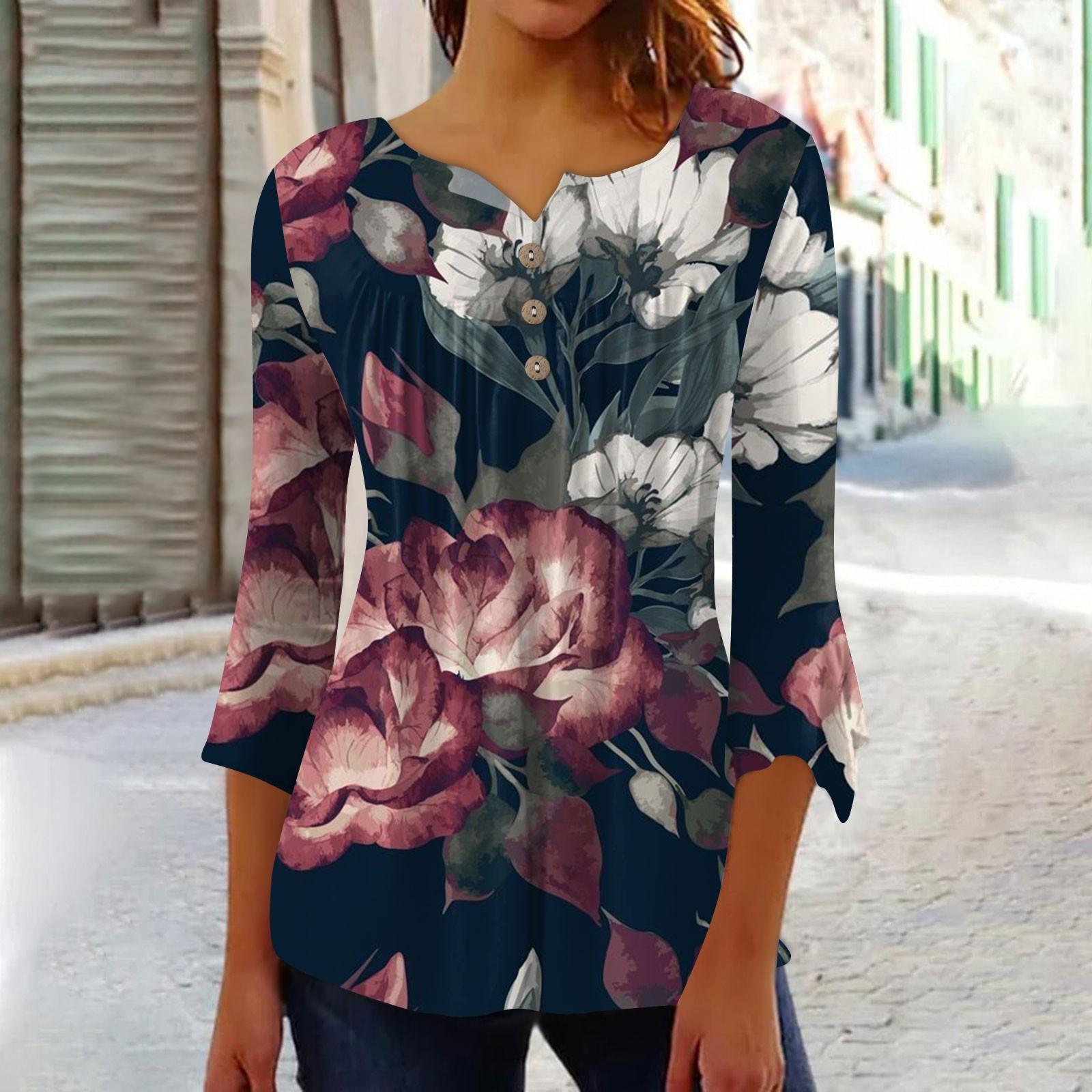 

Button Down Shirts For Women Print Tunic Summer Tops Dressy Casual Bell 3/4 Sleeve V Neck Spring Blouses L чёрный
