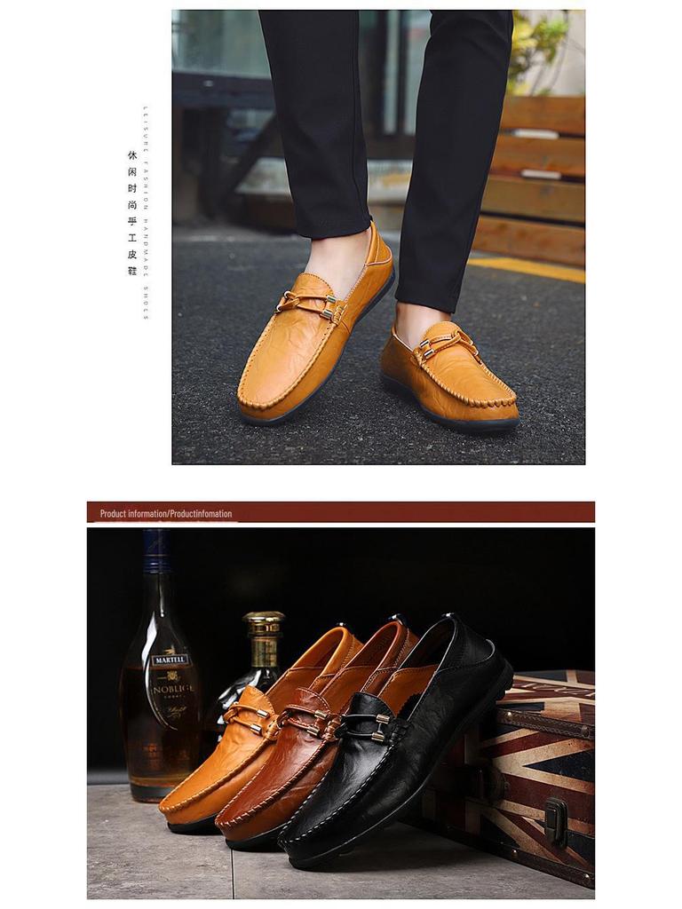 Men's Autumn British-Style Cowhide Leather Casual Shoes, Soft Large-Size Loafers