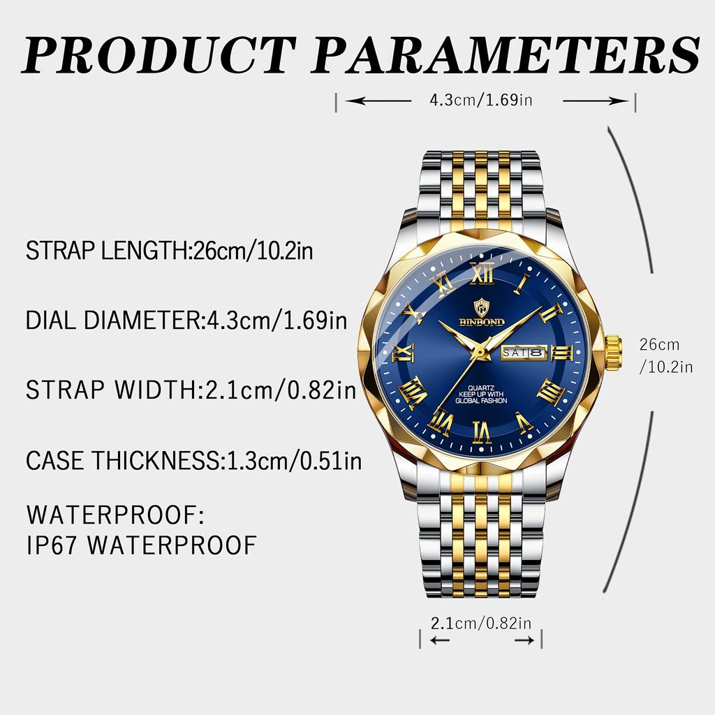 BINBOND Quartz Male Wristwatch Waterproof Luminous Date Week Watch for Men Stainless Steel Fashion Men's Watches Business Watch Casual Male Clock