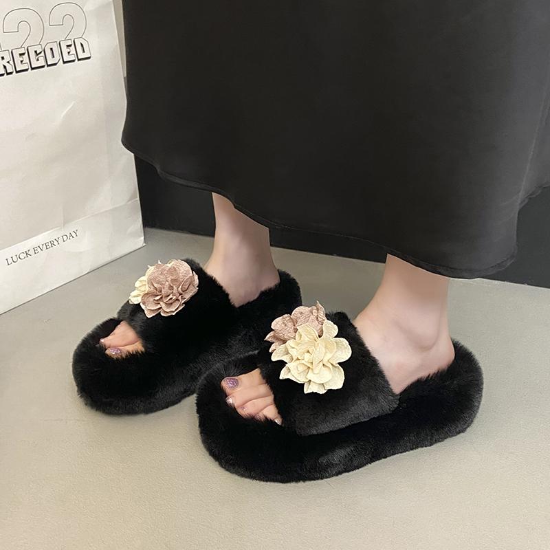 

Модные женские шлепанцы на платформе с цветком 2025 Зимние Новые Тренды Пушистая Обувь Модная Мягкая Удобная Повседневная Обувь Элегантные Zapatillas De Mujer 40 чёрный