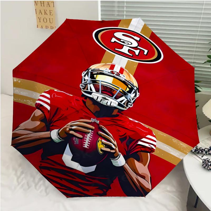 San Francisco 49ers LOGO Print Automatic Umbrella, 8 Rib Iron Frame, Plastic Handle, Suitable for Outdoor Travel &Daily , Ideal Gift