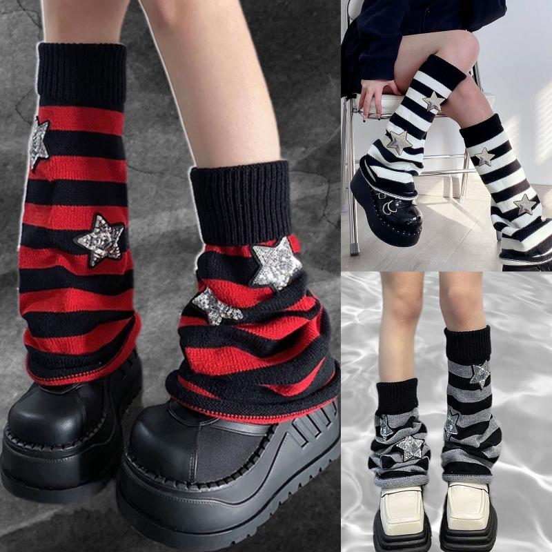 Harajuku Women Autumn Leg Warmers Socks Japanese Gothic Striped Sequins Stars Knitted Long Socks Punk Baggy Foot Covers