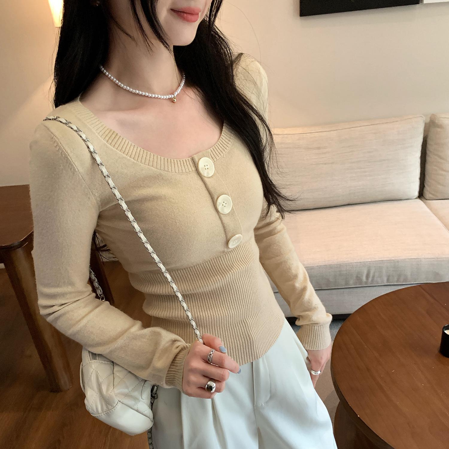 

Gray Long Sleeve Knitted Sweater Top for Women - Waist-Cinching, Mature Winter Style 2025 Large хаки