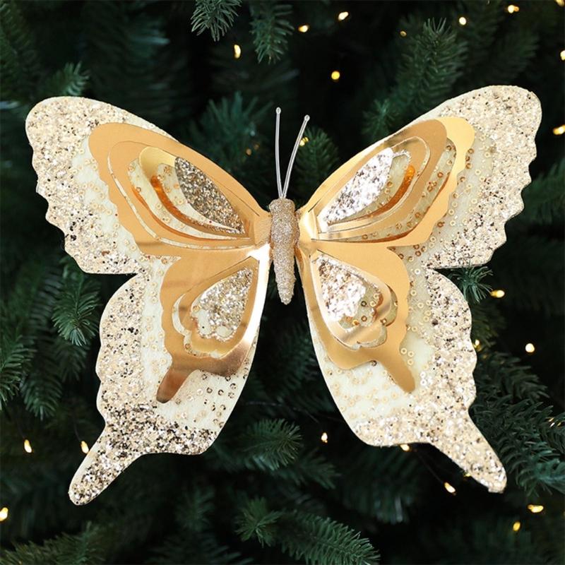Shatterproof Sequins Butterfly Decorations For Christmas Tree 25Cm Glittering Wing Indoor Outdoor Festival Party Supplies