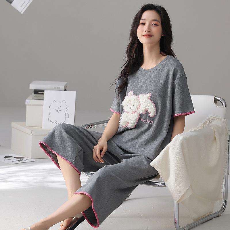 Women's Pure Cotton Pajama Set with Built-in Bra, Short Sleeve Top & 7/8 Pants - Sweet Summer Homewear.