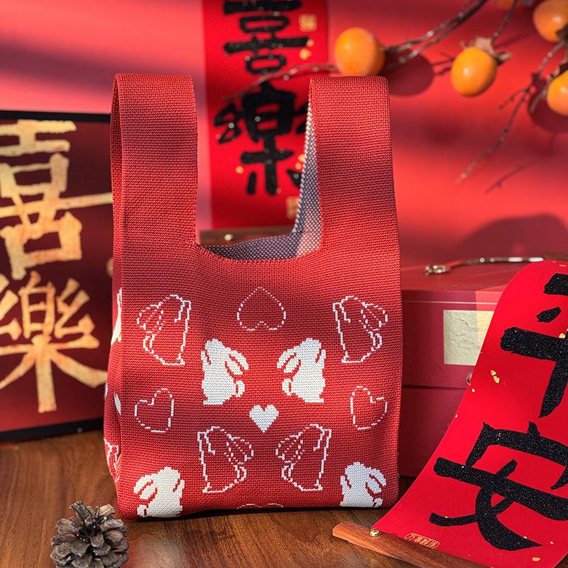 2026 Horse Year Cartoon Mascot Pony Knitted Gift Bag Handheld Candy Bag Mini Knot Wrist Bag Cute Tote Bag Reusable Shopping Bags