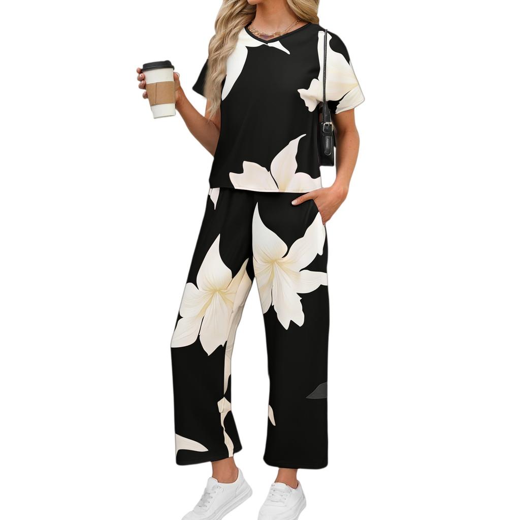 Women's Casual Vacation V-Neck Sleeve Top And Trousers Fashion Print Two Piece Set
