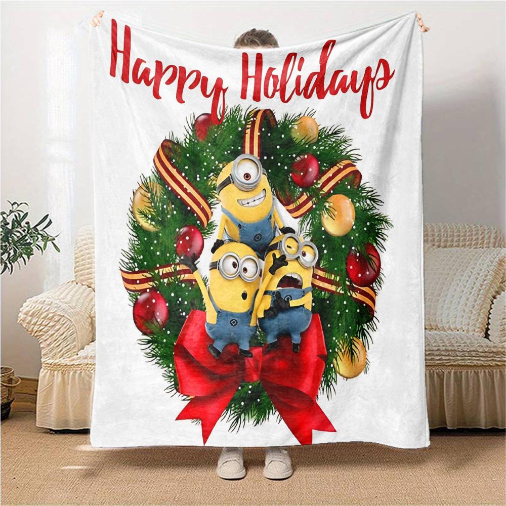 1Pc Happy Minions Holiday Wreath Blanket Soft Throw Blanket For Home Bedroom Bed Sofa Travel Office Solid Christmas Blanket