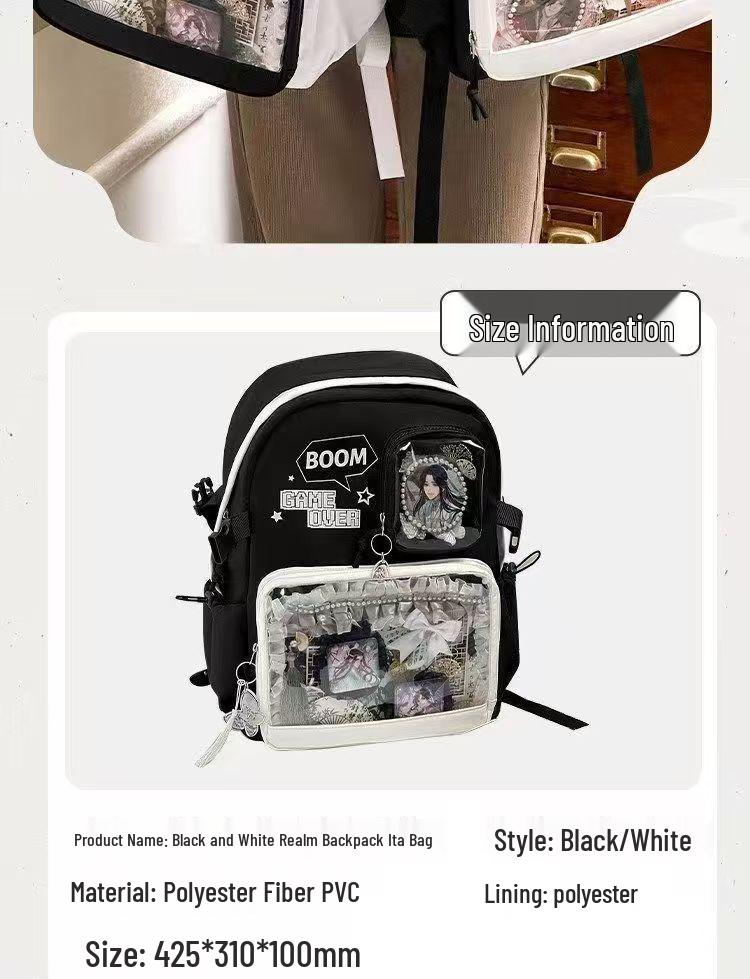 Großes Kapazitäts-Anime-Ita-Rucksack für Mittelschüler - Transparentes Knopfdesign