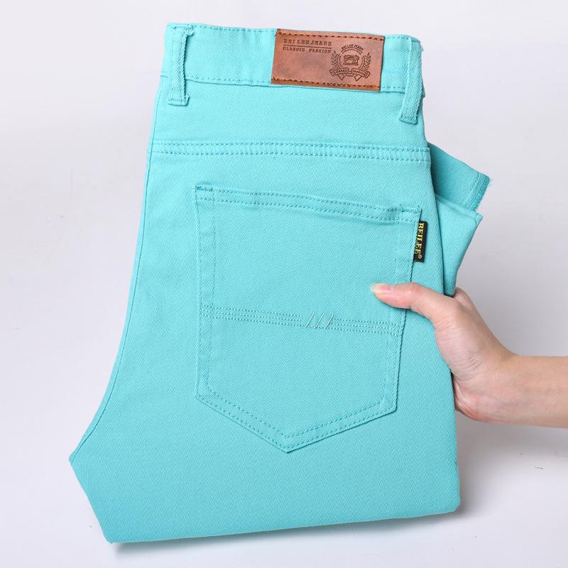 Letní lehké jednobarevné minimalistické pánské džíny Slim-fit rovná nohavice business všestranné travnatě zelené pánské dlouhé kalhoty