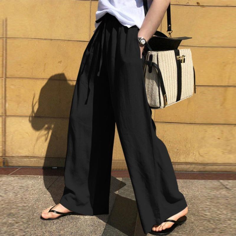 Women Linen Wide Leg Pants High Waist Drawstring Casual Loose Trousers S чёрный