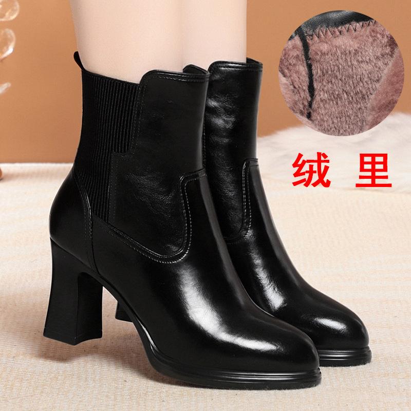 High-heeled Small Short Boots Women's Velvet Leather Shoes Soft Leather Thick-heeled Mother Cotton Shoes Versatile Catwalk Boots