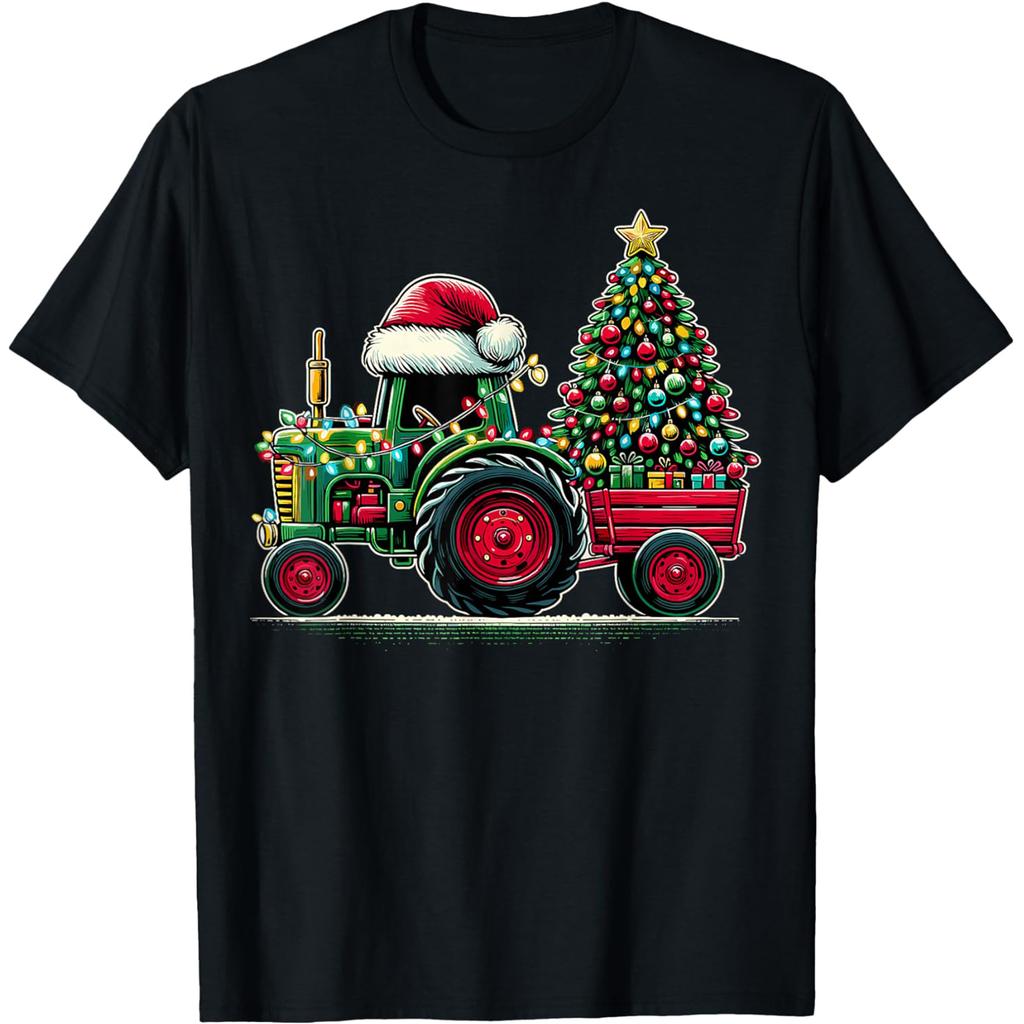 Santa Tractor Farm Truck Farmer Christmas Xmas Driving T Shirts Men Cotton Humor Streetwear Short Sleeve Unisex Loose Clothing