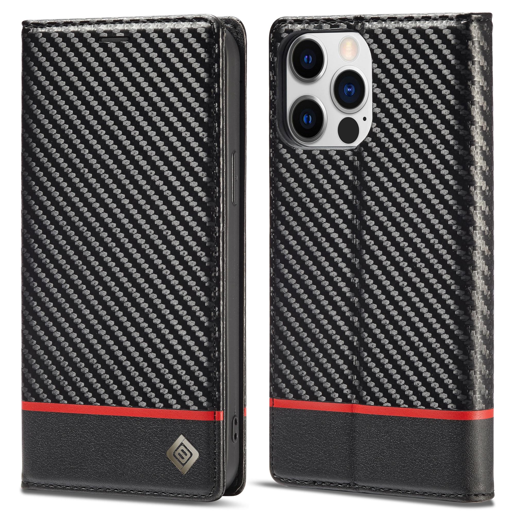 

LC.IMEEKE Для iPhone 15 Pro Max Противоударный кожаный чехол-подставка Текстура углеродного волокна Чехол-кошелек для телефона Horizontal Stripe