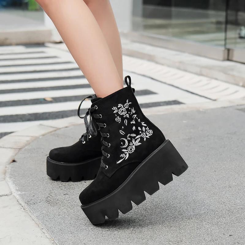 Fashion Fashion Flower Platform Boots Chunky Punk Suede Leather Womens Gothic Shoes Nightclub Lace Up platform shoes