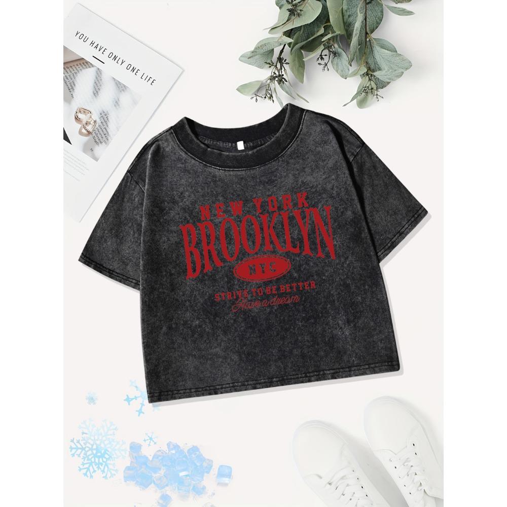 Summer Cotton Crop Tops Womens New York Brooklyn Nyc Prints Washed T-Shirts Street O-Neck Regular Fit Clothes