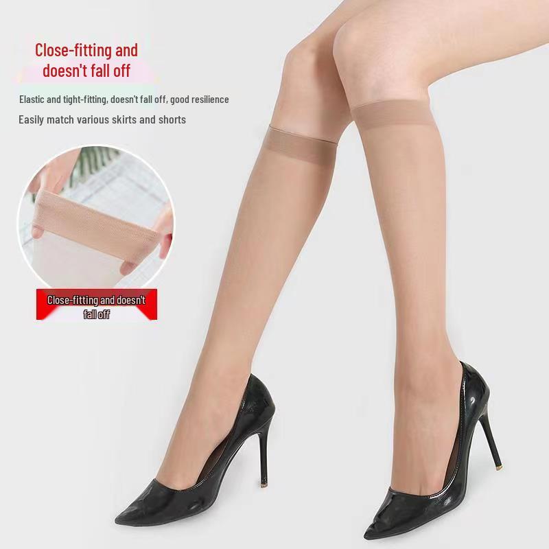 Women's Ultra-Thin Mid-Calf Transparent Stockings: Anti-Snag, Black/Skin Tone, Spring/Autumn