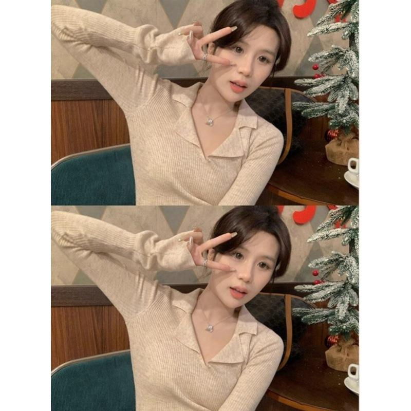 Flower Camel Collar Slim Fit Sweet and Spicy Bottoming Shirt Women's Autumn Polo Lapel Pit Strip Top Sweater